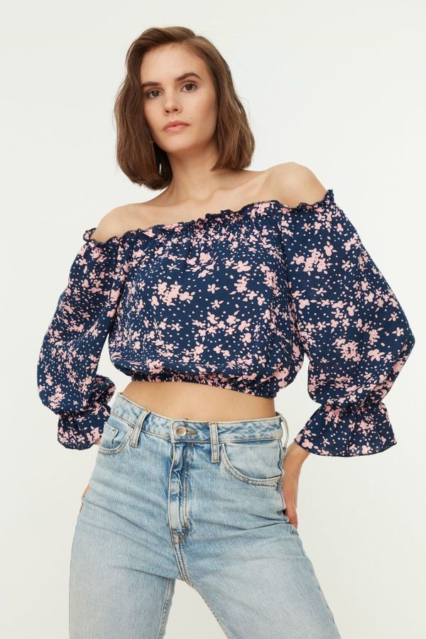 Trendyol Dark Blue Floral Short Blouse with Off Shoulders Trendyol - Women