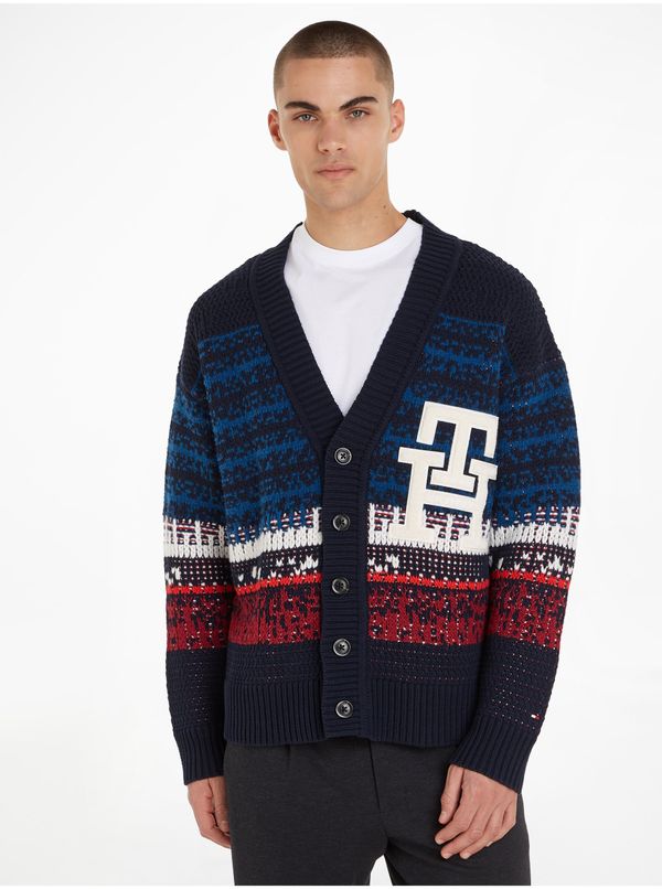 Tommy Hilfiger Dark blue men's striped cardigan with a blend of Tommy Hilfiger wool - Men