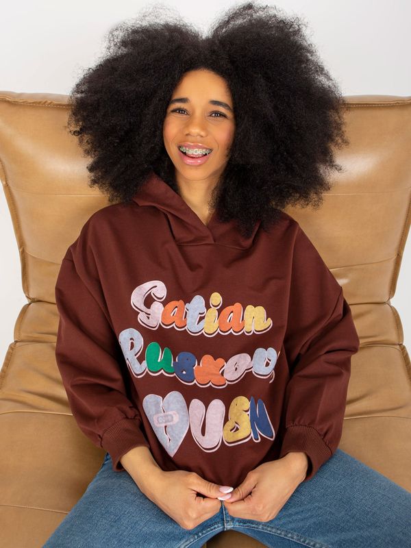 Fashionhunters Dark brown long sweatshirt with lettering and hood