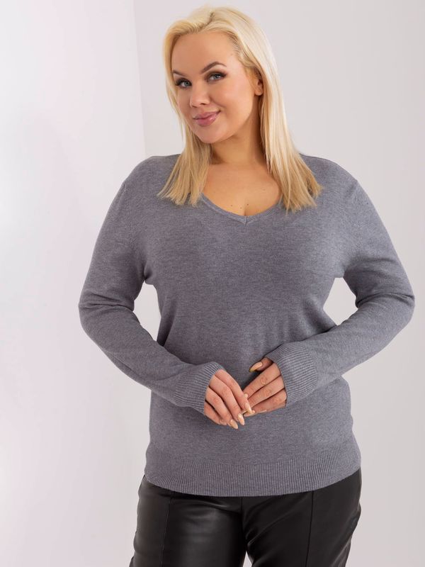 Fashionhunters Dark gray oversized knitted sweater with V-neck pattern