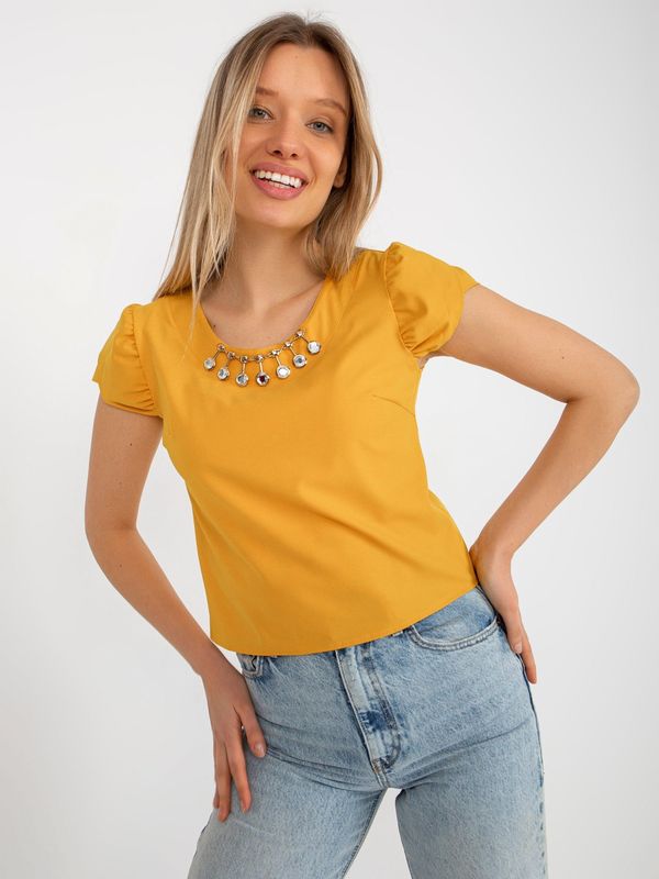 Fashionhunters Dark yellow formal blouse with application and short sleeves