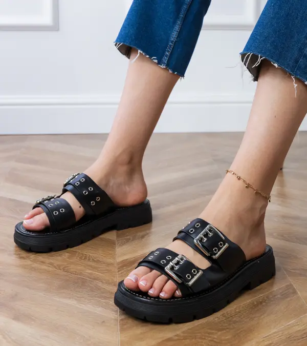 marka niezdefiniowana D/CEO Black flat sandals with buckles on straps Liluna