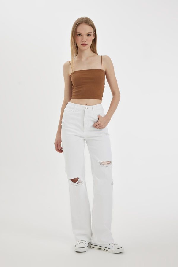 DEFACTO DEFACTO 90's Wide Leg High Waist Wide Leg Long Ripped Detailed White Jean Pants