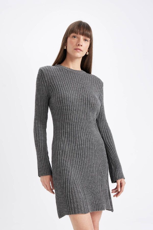 DEFACTO DEFACTO A Cut Crew Neck Long Sleeve Mini Knit Dress