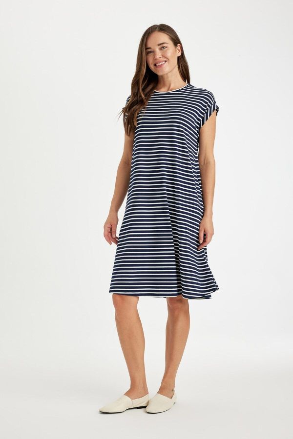 DEFACTO DEFACTO A-Line Striped Crew Neck Short Sleeve Midi Dress