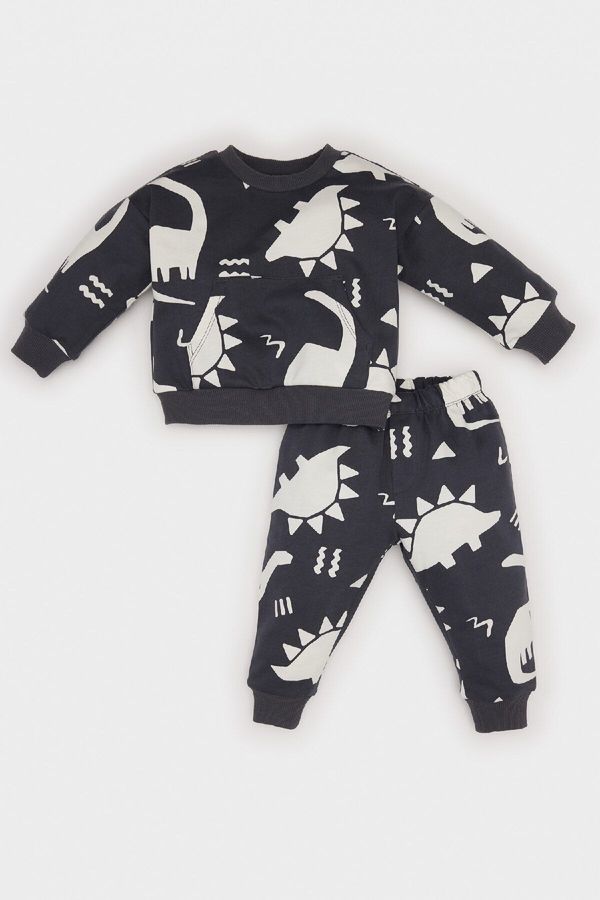 DEFACTO DEFACTO Baby Boy 2-Piece Set Dinosaur Printed Sweatshirt Elastic Waist Tracksuit Bottoms