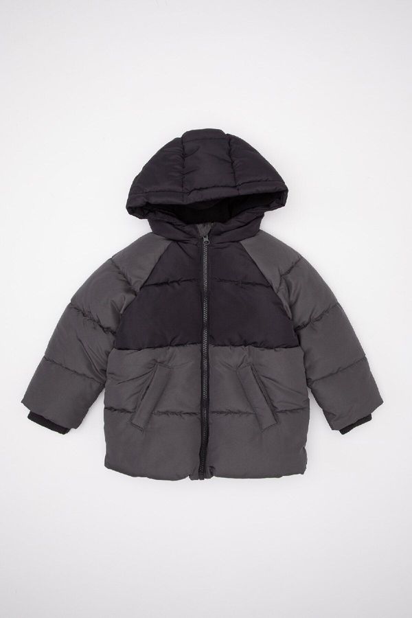 DEFACTO DEFACTO Baby Boy Hooded Water Repellent Block Color Patterned Fleece Lined Puffer Jacket