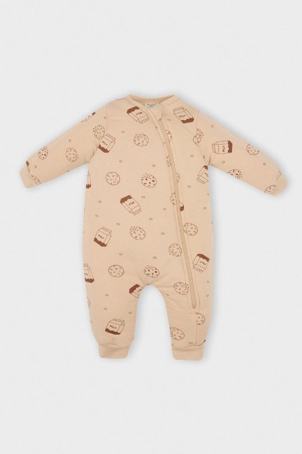 DEFACTO DEFACTO Baby Boy Newborn Beige Zippered Milk Patterned Combed Cotton Overalls