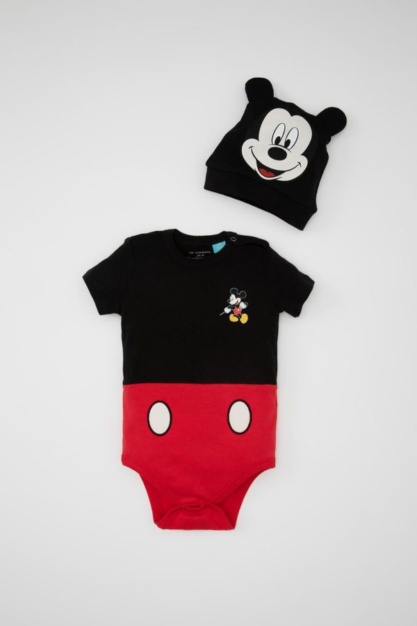 DEFACTO DEFACTO Baby Boy Newborn Disney Mickey & Minnie Envelope Collar Ribbed 2-Piece Short Sleeve Snap Body