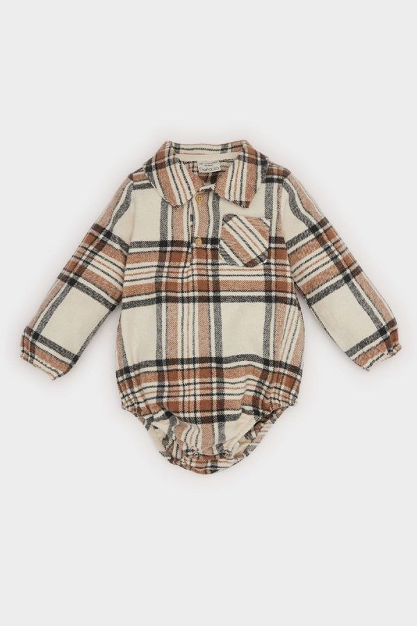 DEFACTO DEFACTO Baby Boy Newborn Shirt Collar Plaid Flannel Long Sleeve Snap Bodysuit