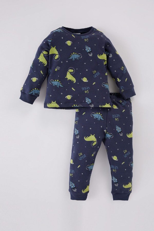 DEFACTO DEFACTO Baby Boy Pajama Set Dinosaur Printed Crew Neck Long Sleeve Top Long Bottom