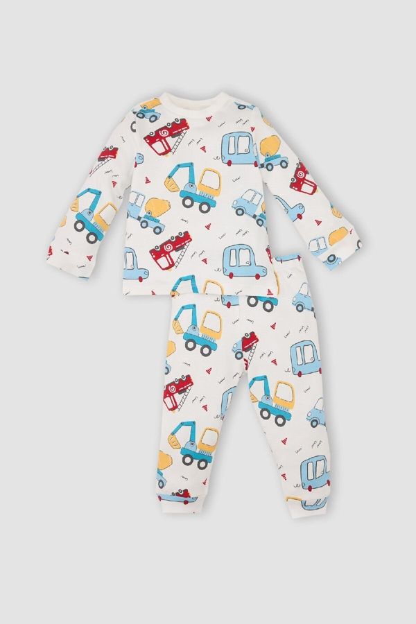 DEFACTO DEFACTO Baby Boy Pajama Set Vehicle Printed Long Sleeve Top and Bottom