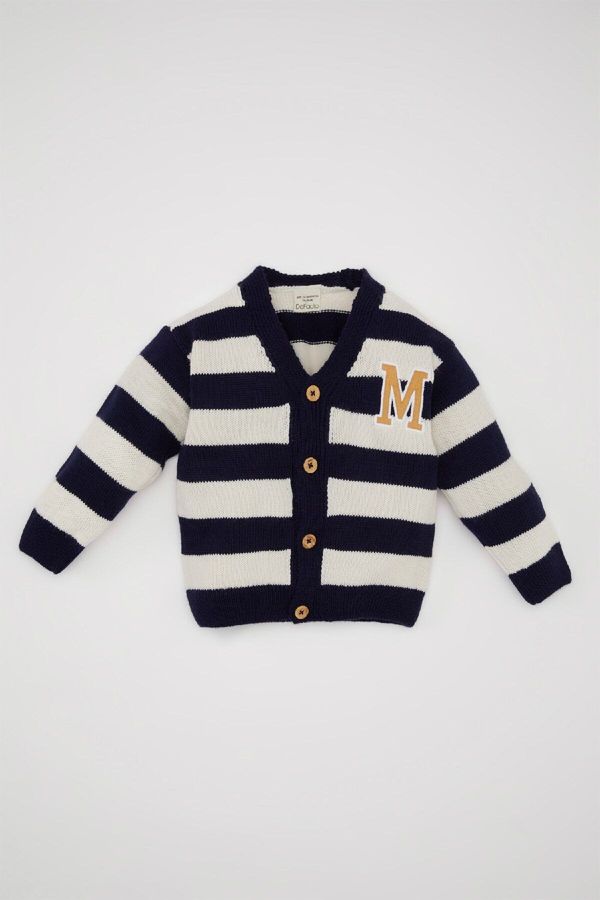 DEFACTO DEFACTO Baby Boy Striped Letter Embroidered Buttoned Knitted Cardigan