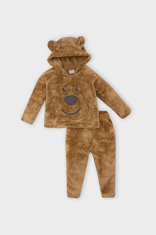 DEFACTO DEFACTO Baby Boy Teddy Bear Embroidered Hooded Sweatshirt Elastic Waist Plush 2-Piece Set