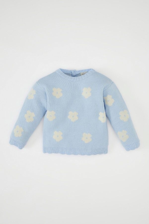 DEFACTO DEFACTO Baby Girl Blue Crew Neck Floral Knitwear Sweater