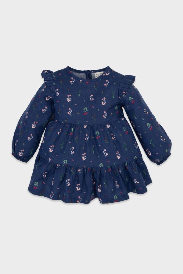 DEFACTO DEFACTO Baby Girl Crew Neck Floral Patterned Ruffle Detail Long Sleeve Twill Dress