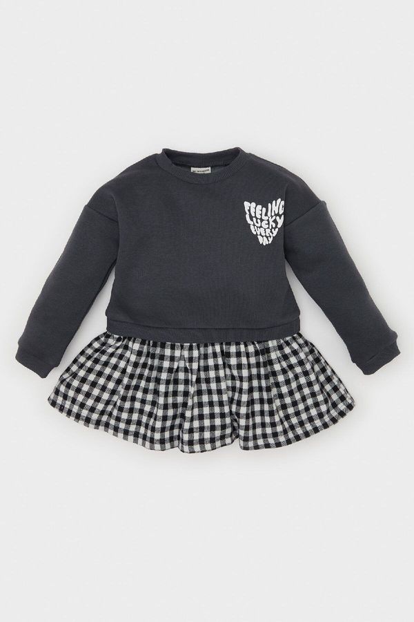 DEFACTO DEFACTO Baby Girl Crew Neck Printed Long Sleeve Plaid Skirt Sweat Dress