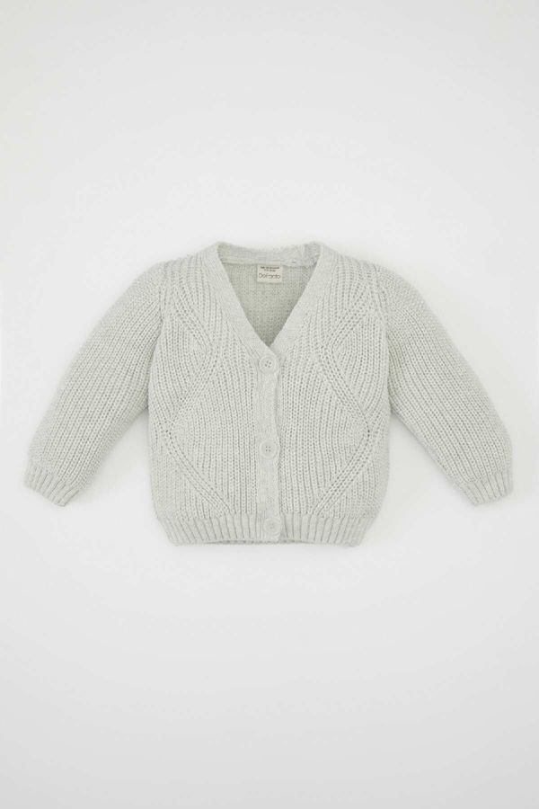 DEFACTO DEFACTO Baby Girl Green V Neck Glittery Button Closure Knitwear Cardigan