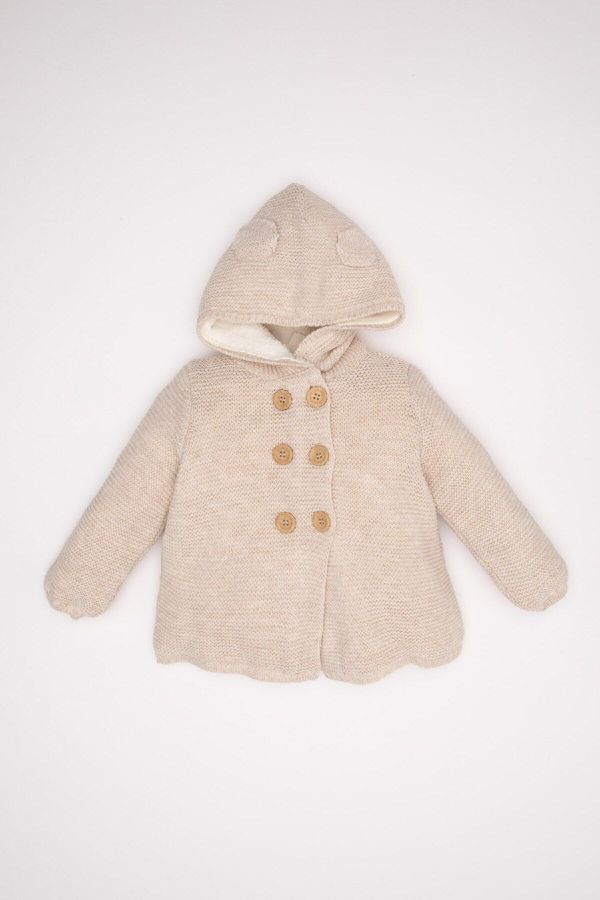 DEFACTO DEFACTO Baby Girl Knitwear Polar Fleece Button Closure Hooded Buttoned Cardigan