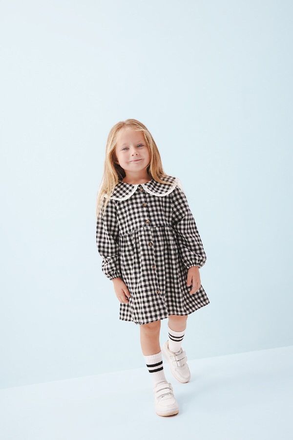 DEFACTO DEFACTO Baby Girl Large Collar Plaid Patterned Long Sleeve Buttoned Flannel Dress