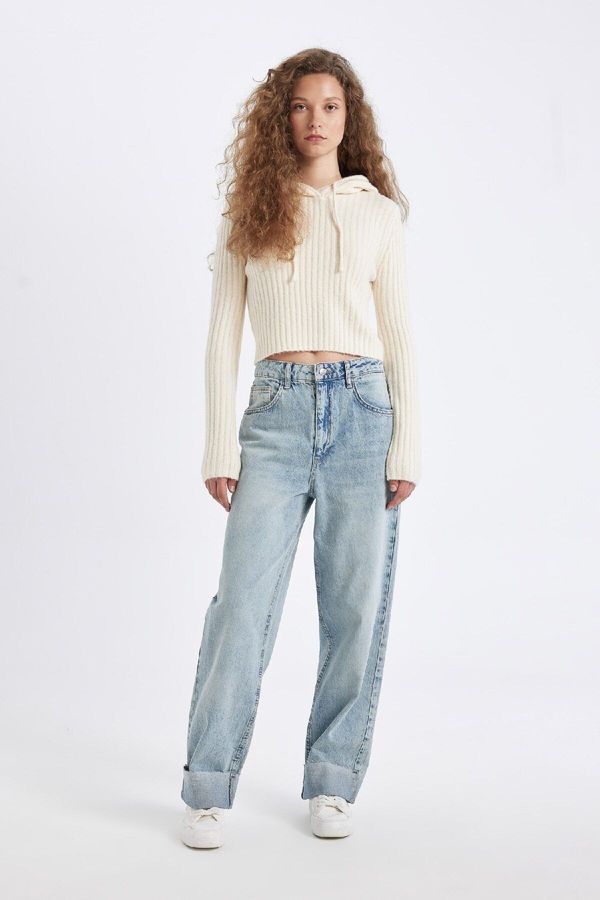 DEFACTO DEFACTO Baggy Fit High Waist Folded Leg Ankle Length Jean Washed Trousers