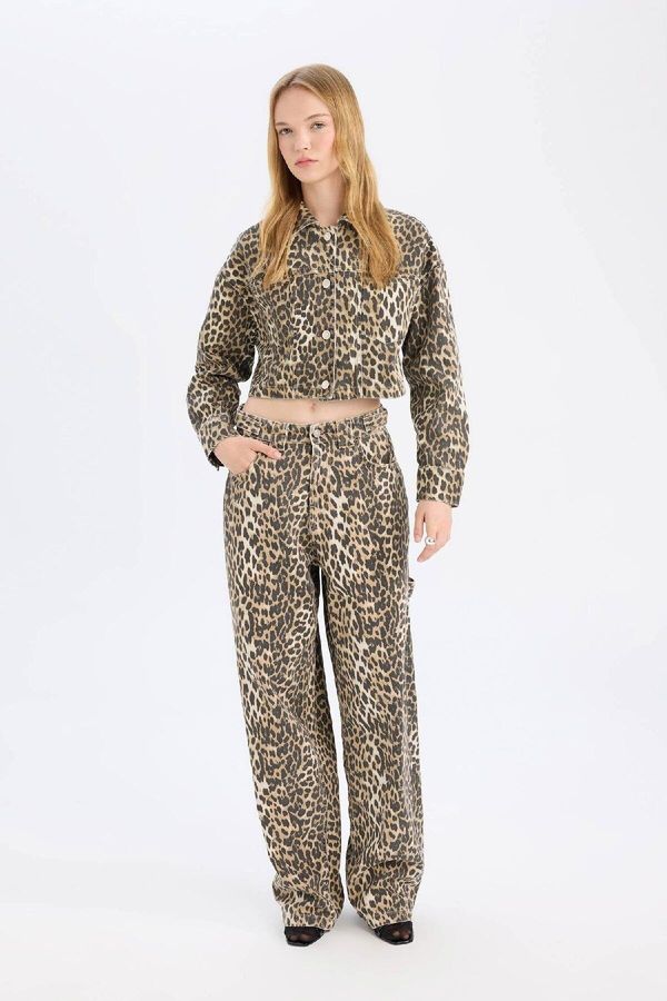 DEFACTO DEFACTO Baggy Fit High Waist Leopard Patterned Standard Length Gabardine Trousers