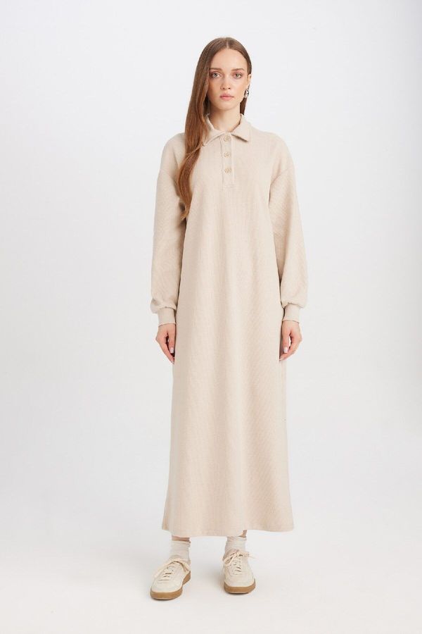 DEFACTO DEFACTO Basic Plain Buttoned Long Sleeve Thessaloniki Fabric Maxi Knit Dress