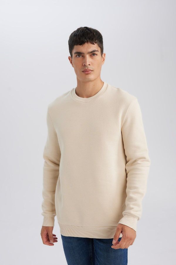 DEFACTO DEFACTO Beige 3 Thread Cotton Raised Polar Fleece Regular Fit Crew Neck Thick Sweatshirt