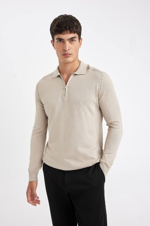 DEFACTO DEFACTO Beige Standard Fit Regular Cut Half Zipper Stand Collar Knitwear Sweater