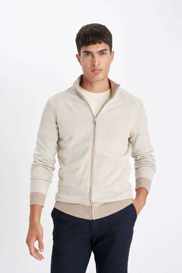 DEFACTO DEFACTO Beige Standard Fit Regular Cut Stand Collar Zippered Knitwear Cardigan