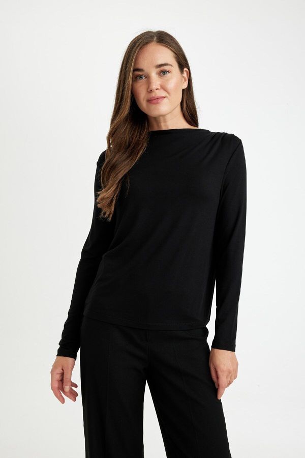 DEFACTO DEFACTO Black Regular Fit Cowl Neck Basic Plain Long Sleeve T-Shirt