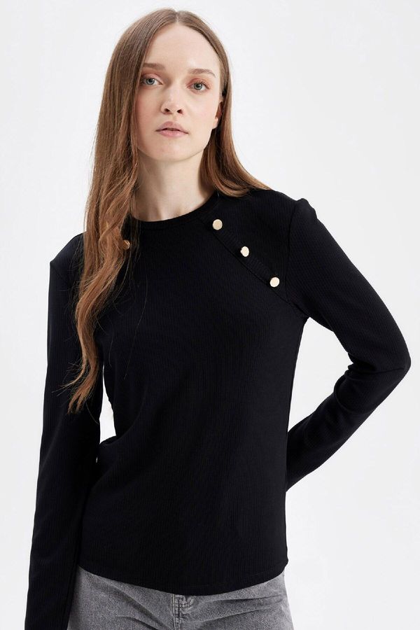 DEFACTO DEFACTO Black Ribbed Camisole Buttoned Long Sleeve Basic Plain T-Shirt Tunic