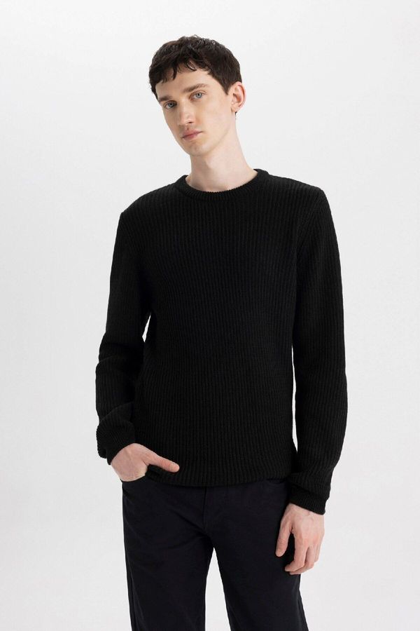 DEFACTO DEFACTO Black Standard Fit Regular Cut Crew Neck Textured Knitwear Sweater