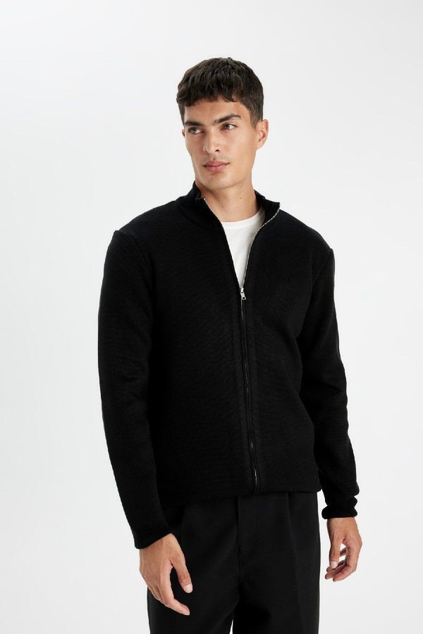 DEFACTO DEFACTO Black Standard Fit Regular Cut Stand Collar Zippered Knitwear Cardigan