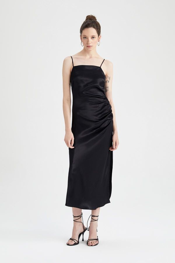 DEFACTO DEFACTO Bodycon Basic Strappy Black Satin Midi Dress