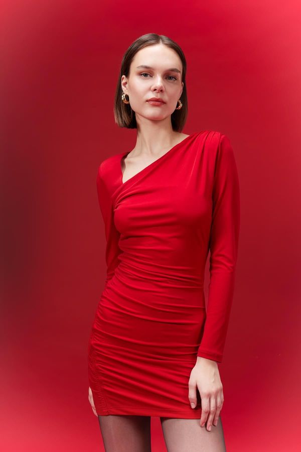 DEFACTO DEFACTO Bodycon Boat Neck Mini Long Sleeve Red Dress