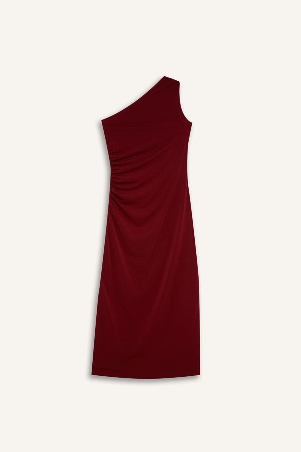 DEFACTO DEFACTO Bodycon Body-hugging Basic Plain One Shoulder Burgundy Midi Dress