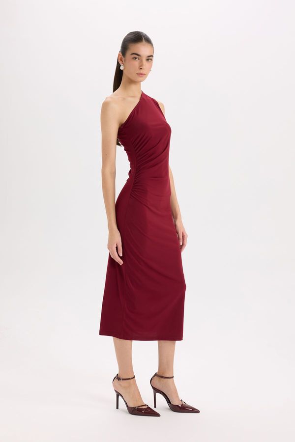 DEFACTO DEFACTO Bodycon Body-hugging Basic Plain One Shoulder Burgundy Midi Dress