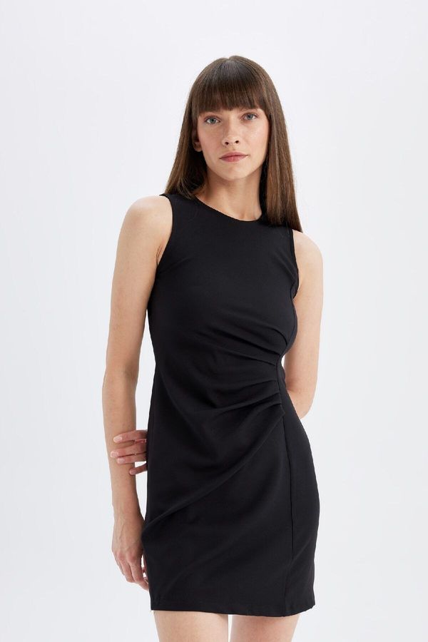 DEFACTO DEFACTO Bodycon Fitted Crew Neck Draped Basic Plain Sleeveless Mini Black Dress