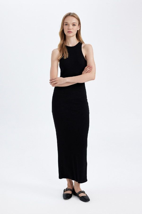 DEFACTO DEFACTO Bodycon Halter Neck Basic Plain Ribbed Camisole Sleeveless Maxi Black Dress