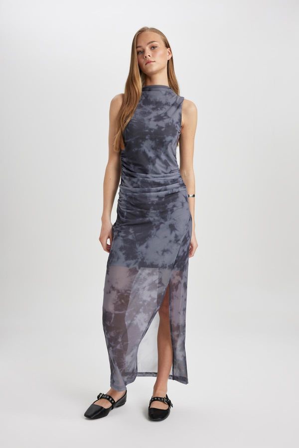 DEFACTO DEFACTO Bodycon High Neck Slit Tie Dye Tulle Sleeveless Maxi Dress