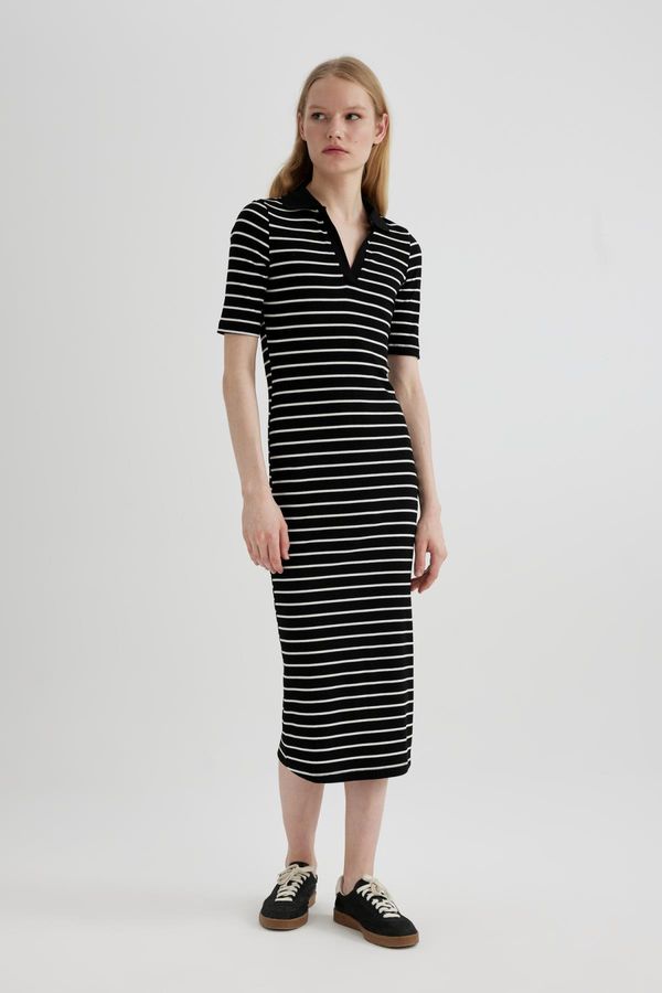 DEFACTO DEFACTO Bodycon Polo Neck Striped Ribbed Camisole Short Sleeve Midi Dress