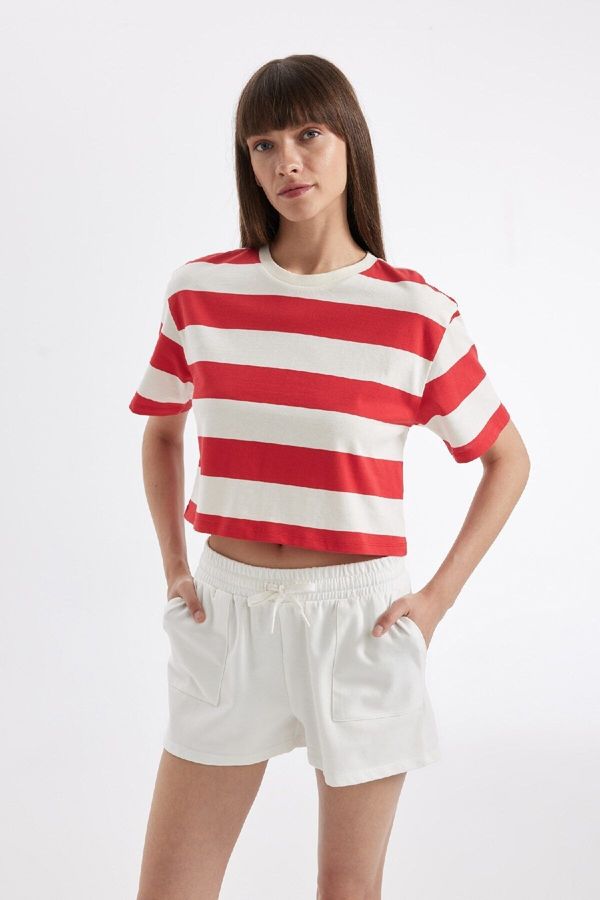 DEFACTO DEFACTO Boxy Fit Crew Neck Striped Short Sleeve T-Shirt