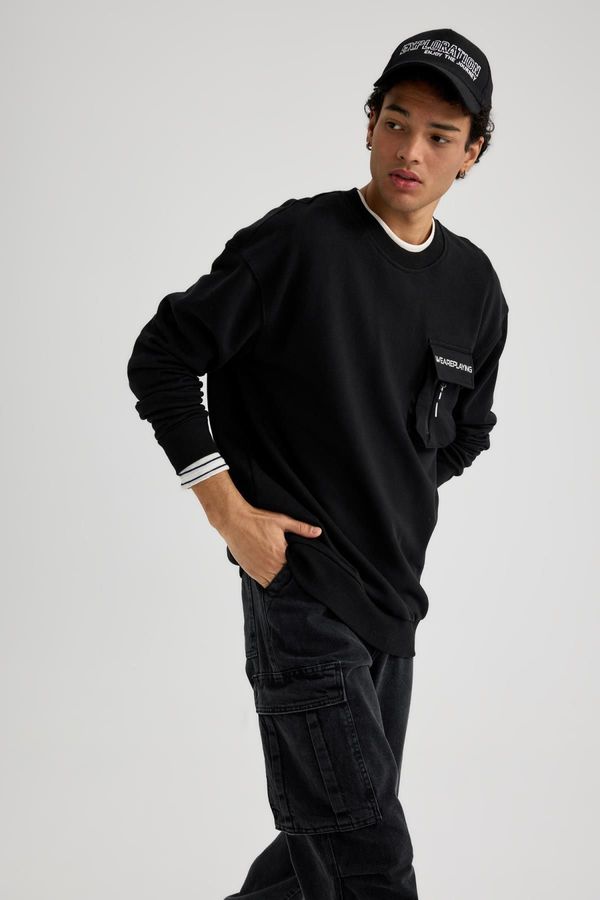 DEFACTO DEFACTO Boxy Fit Pocket Printed Crew Neck Printed Sweatshirt