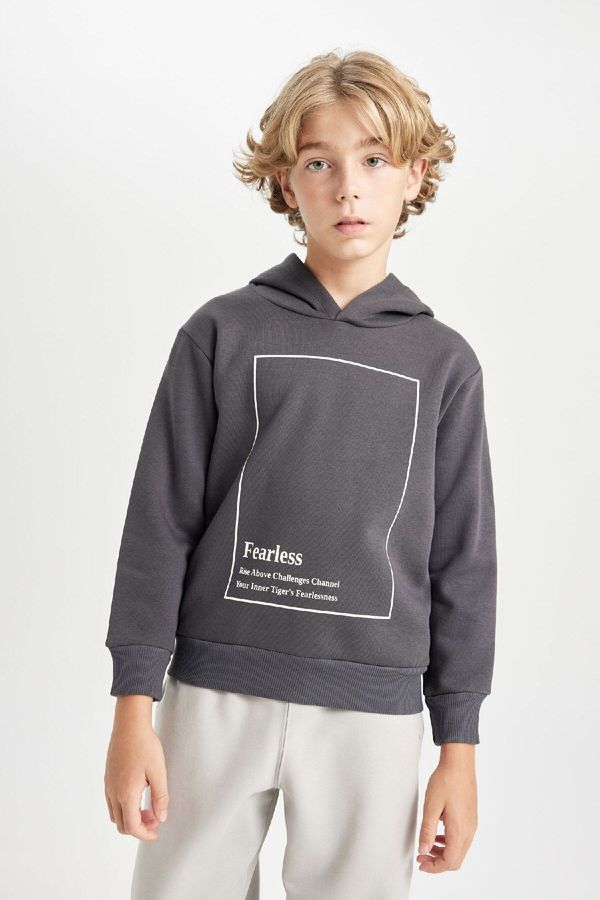 DEFACTO DEFACTO Boy Anthracite Hooded Slogan Printed Thick Sweatshirt