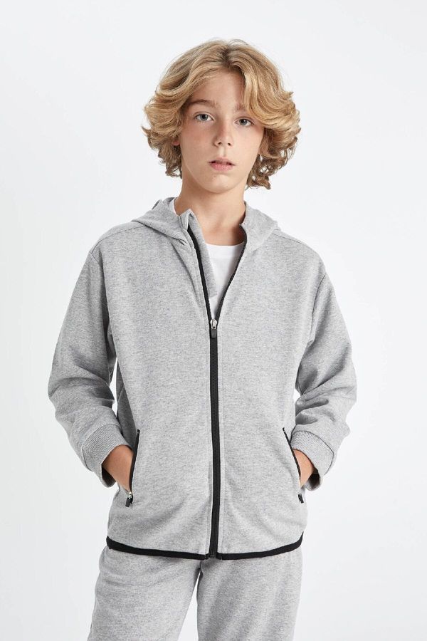 DEFACTO DEFACTO Boy Basic Gray Hooded Zippered Pocket School Sweatshirt