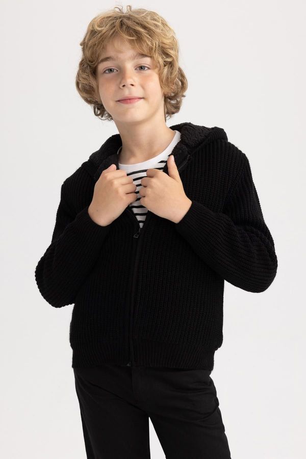 DEFACTO DEFACTO Boy Black Hooded Knitted School Cardigan