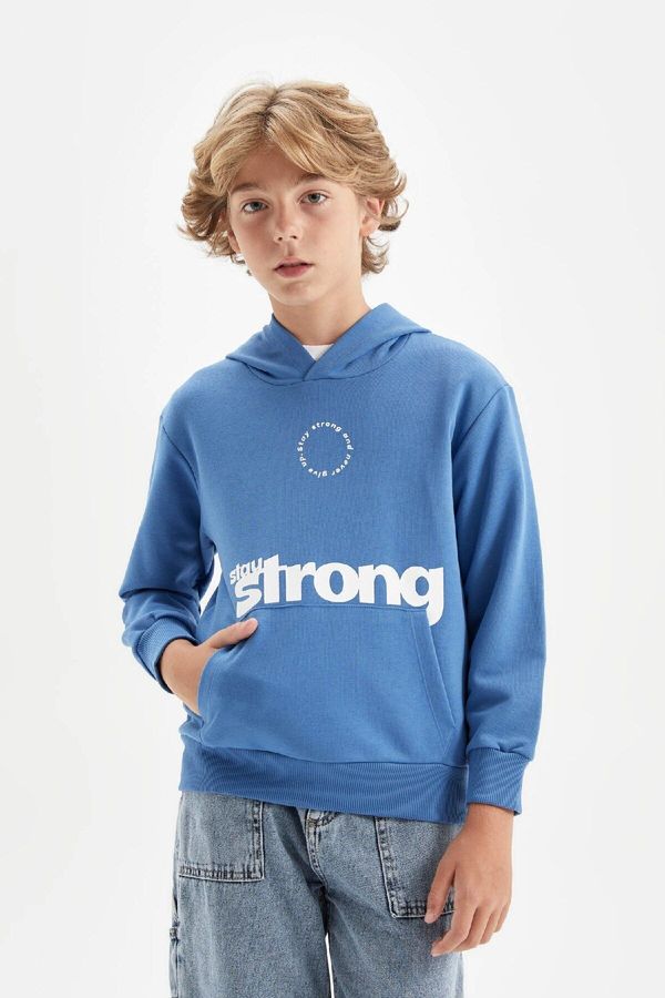 DEFACTO DEFACTO Boy Blue Text Printed Pocket Hooded School Sweatshirt