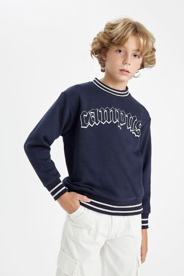 DEFACTO DEFACTO Boy Navy Blue Oversize Fit Wide Mold Crew Neck Printed Thick Sweatshirt D1911a824wn