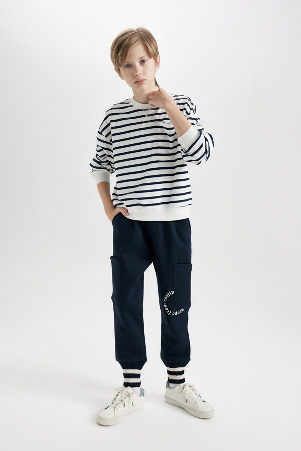 DEFACTO DEFACTO Boy Navy Blue Regular Fit Elastic Waist Leg Printed Tracksuit Bottoms